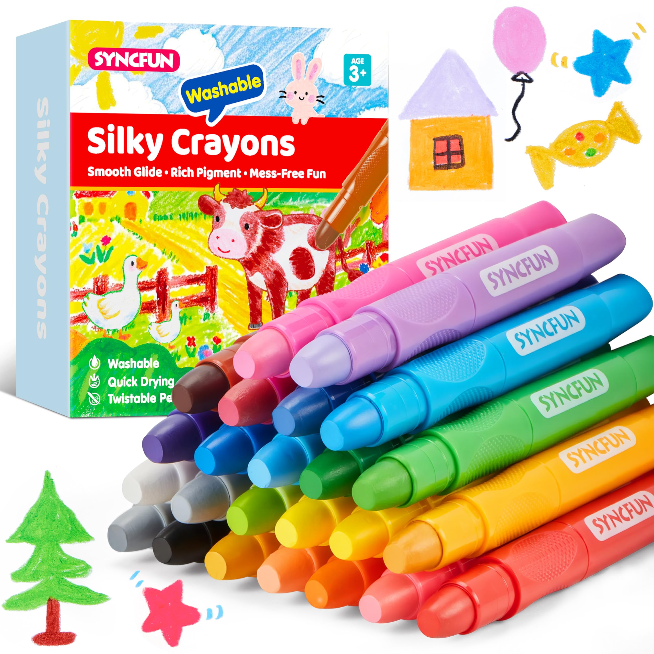 SYNCFUN twistable silky crayons pack shows vibrant, mess-free coloring for kids