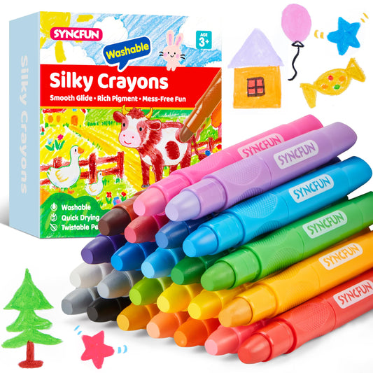 SYNCFUN twistable silky crayons pack shows vibrant, mess-free coloring for kids