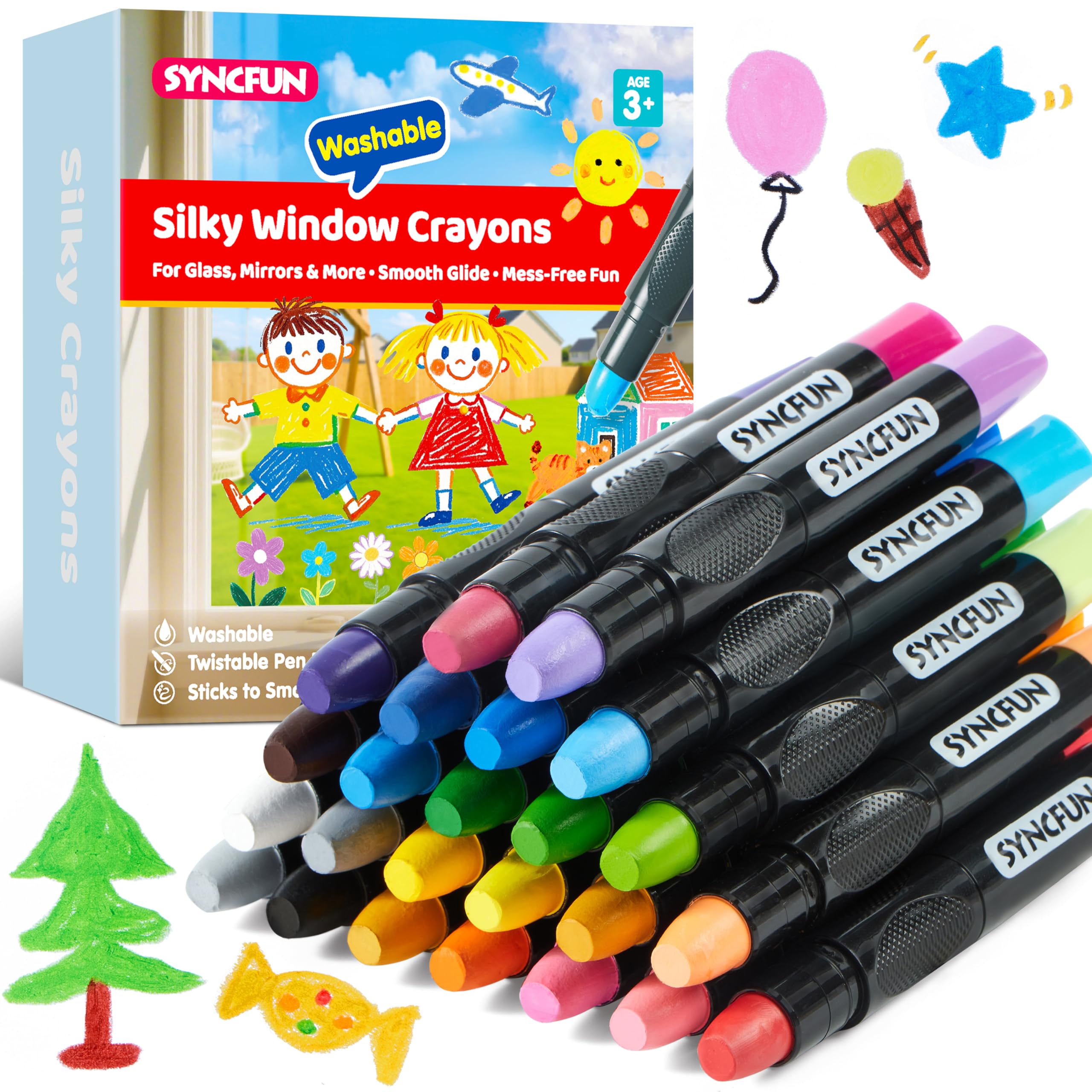 SYNCFUN twistable silky window crayons close-up showing smooth glide for young artists
