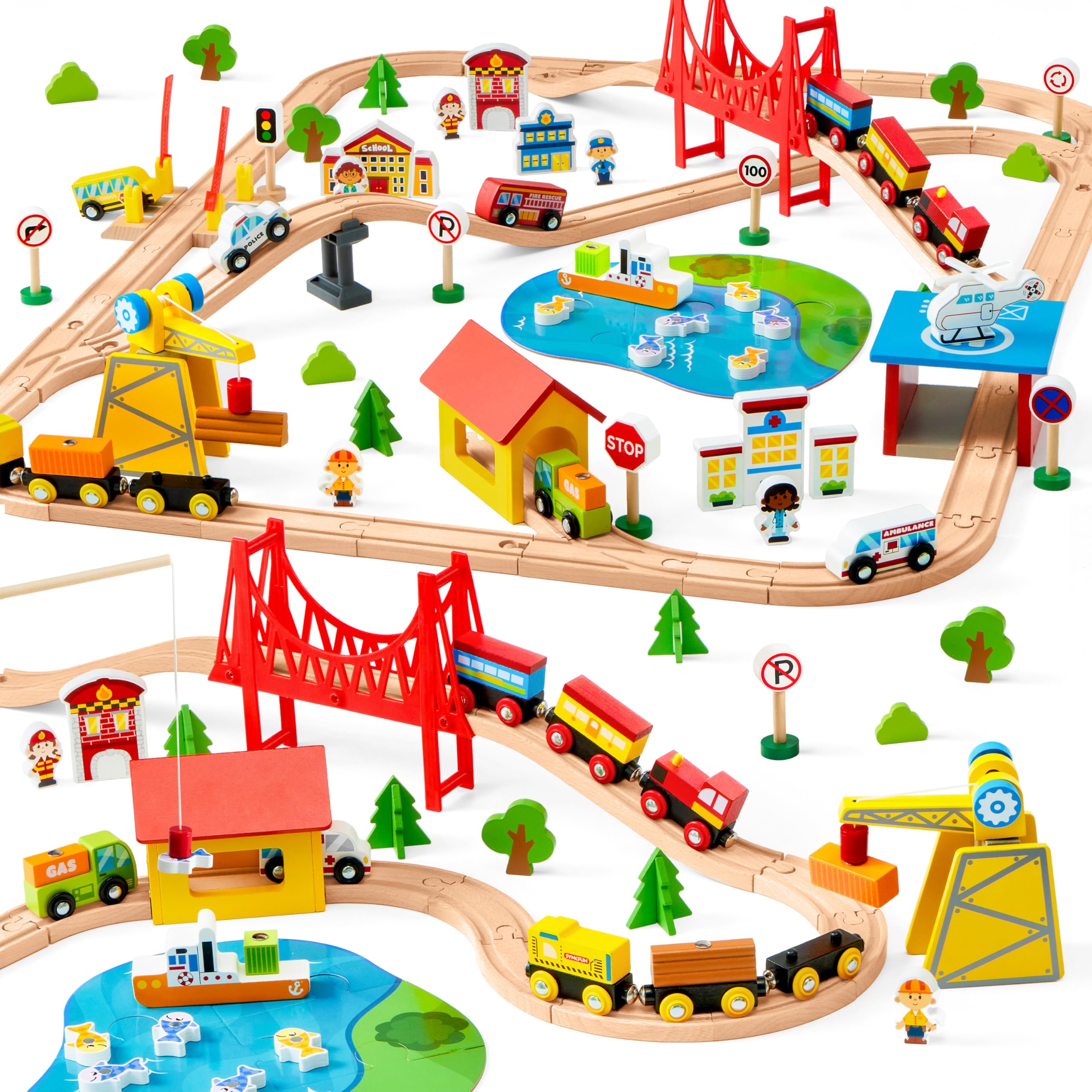 SYNCFUN wooden train tracks and trains for creative city play.