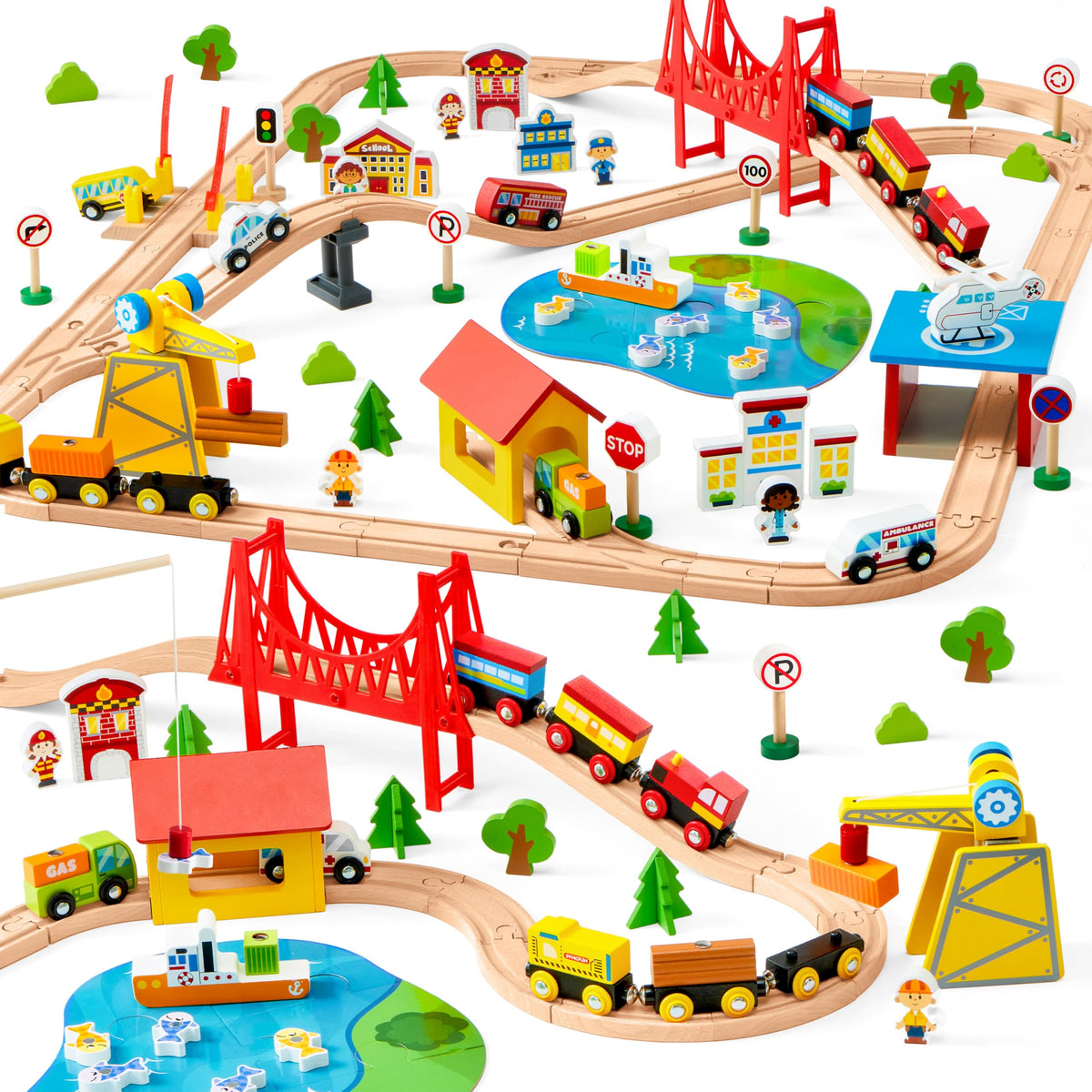 SYNCFUN wooden train tracks and trains for creative city play.