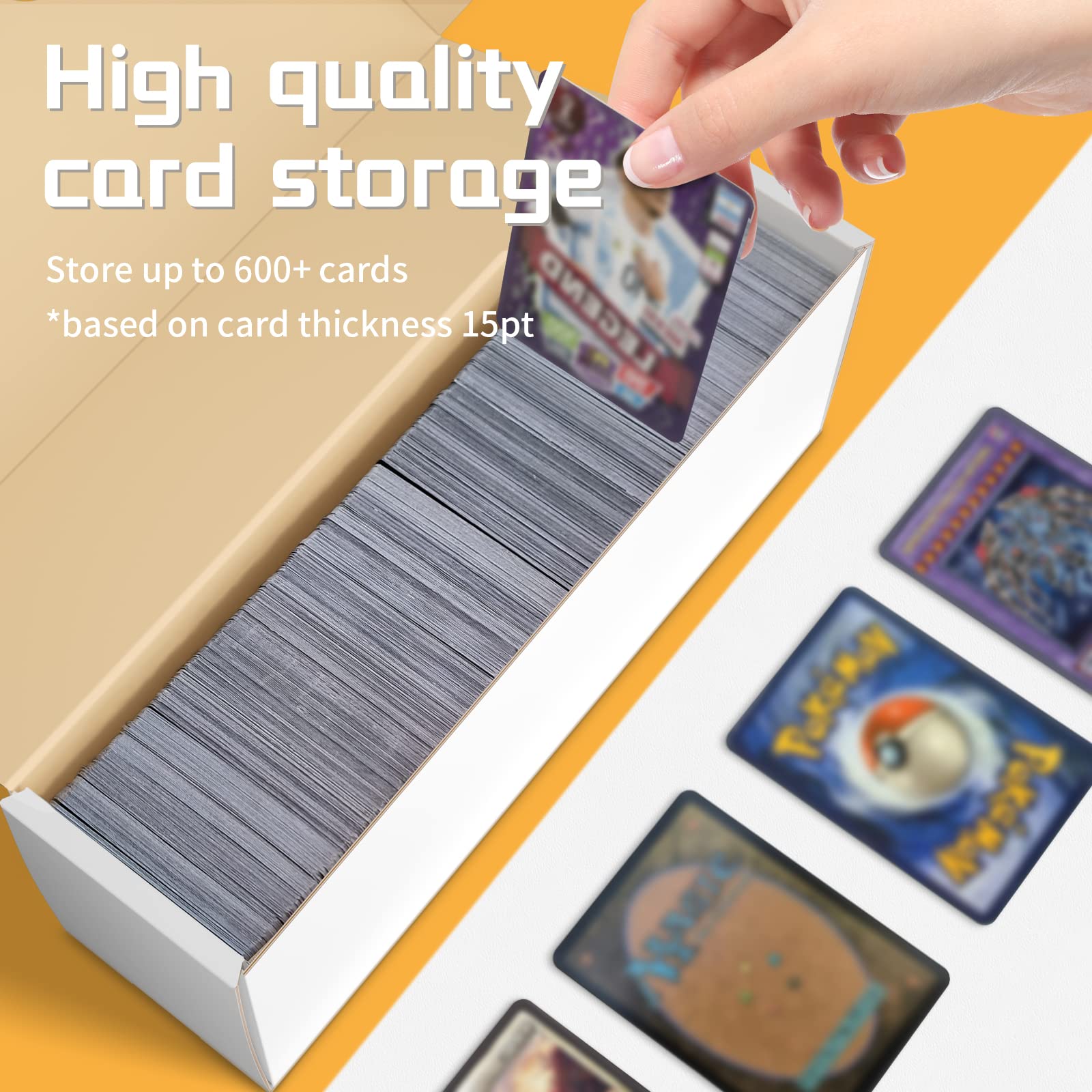 Sysdmno trading card storage box side view highlighting stackable, space-saving design for collections.