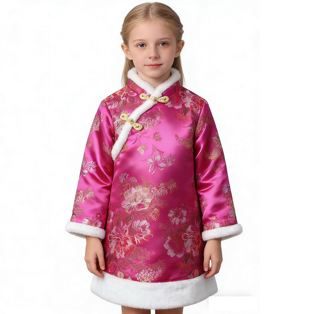 SZCQ baby girls qipao dress rose color, front view for celebrations.