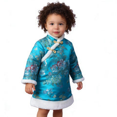 SZCQ baby girls qipao dress in blue satin with floral embroidery for special occasions