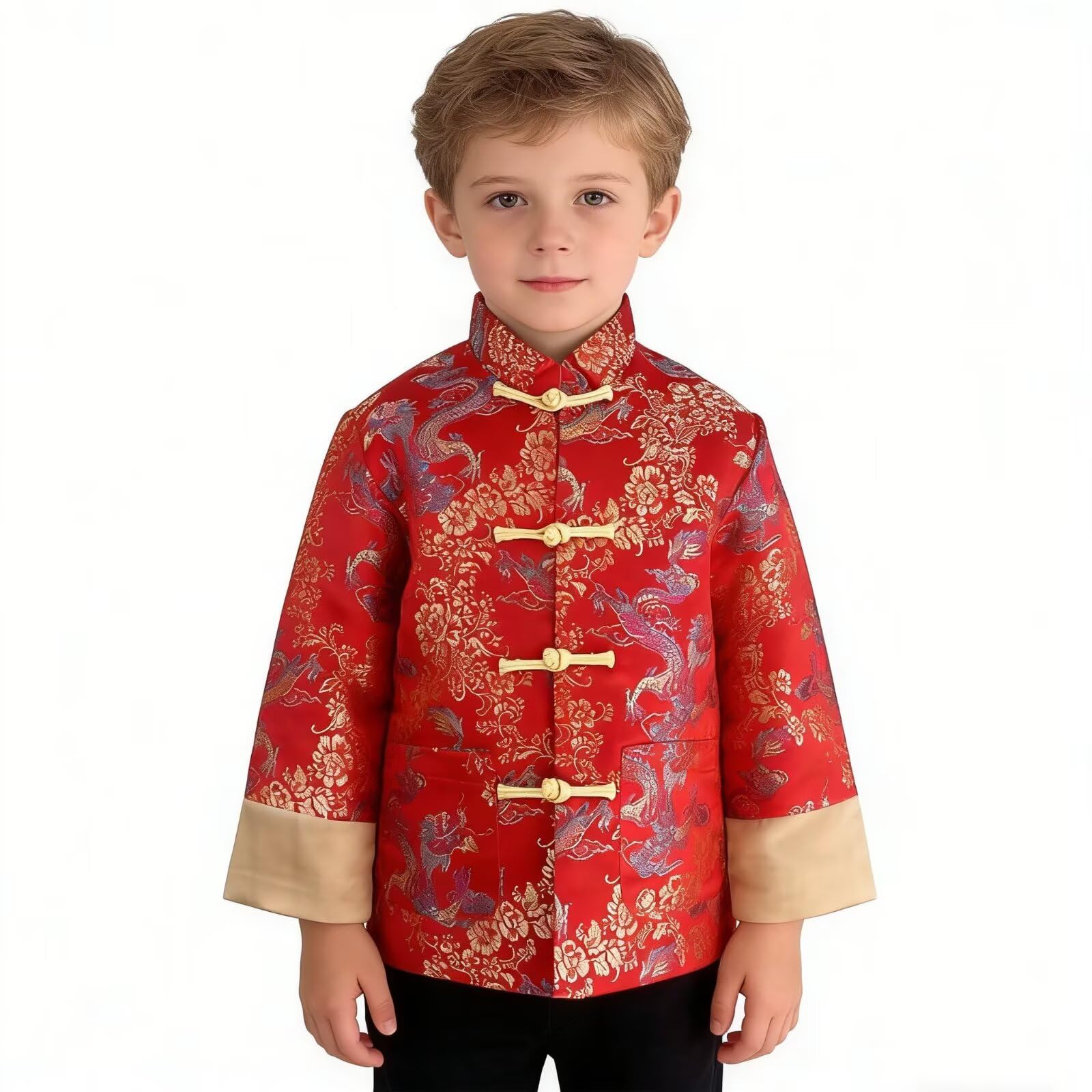 SZCQ blue dragon full-view jacket on child for chic festival wear.