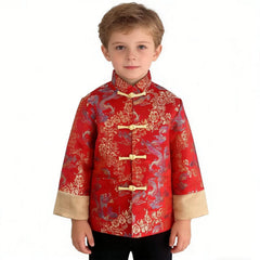 SZCQ blue dragon full-view jacket on child for chic festival wear.