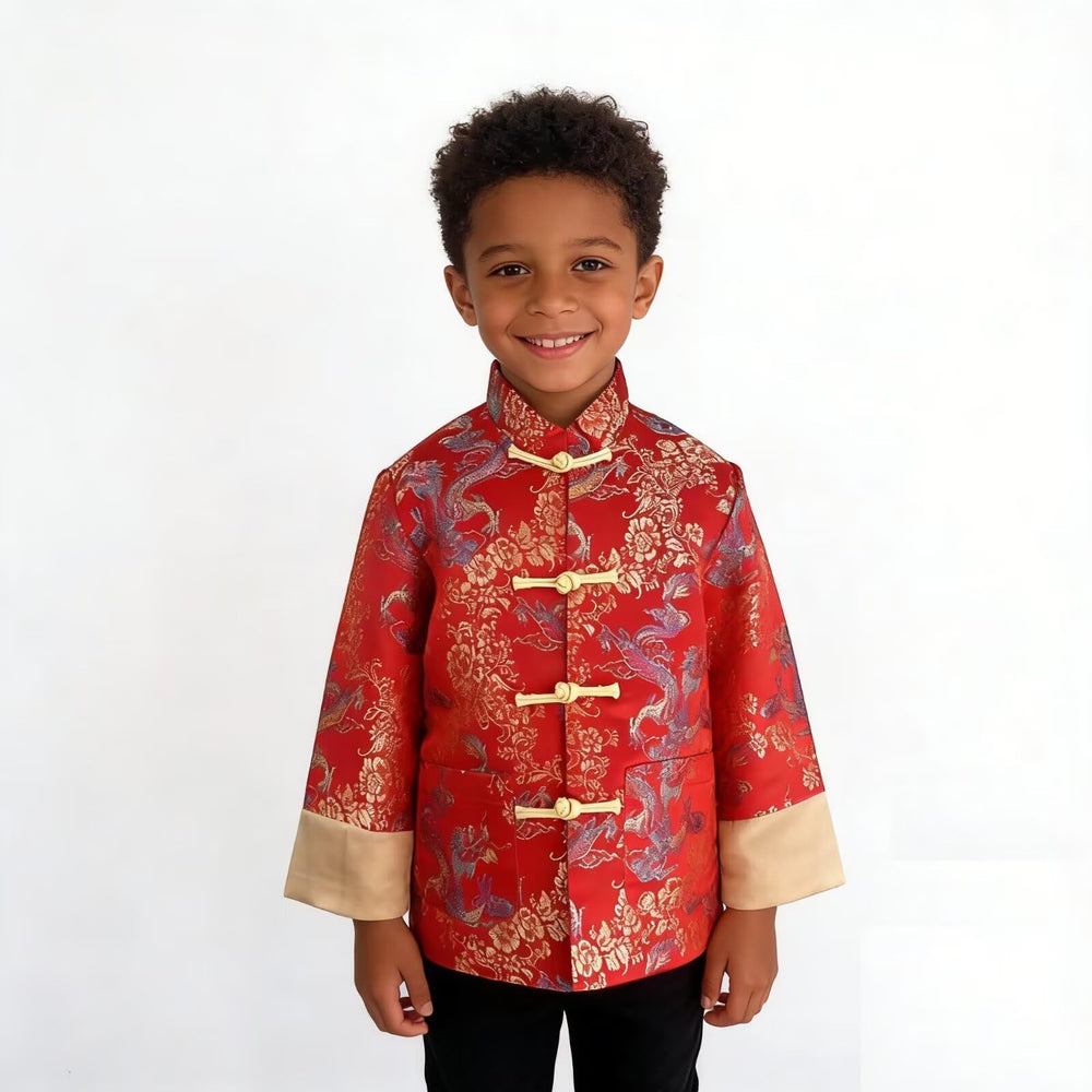 SZCQ blue dragon pattern detail on kids Tang suit for chic celebrations.