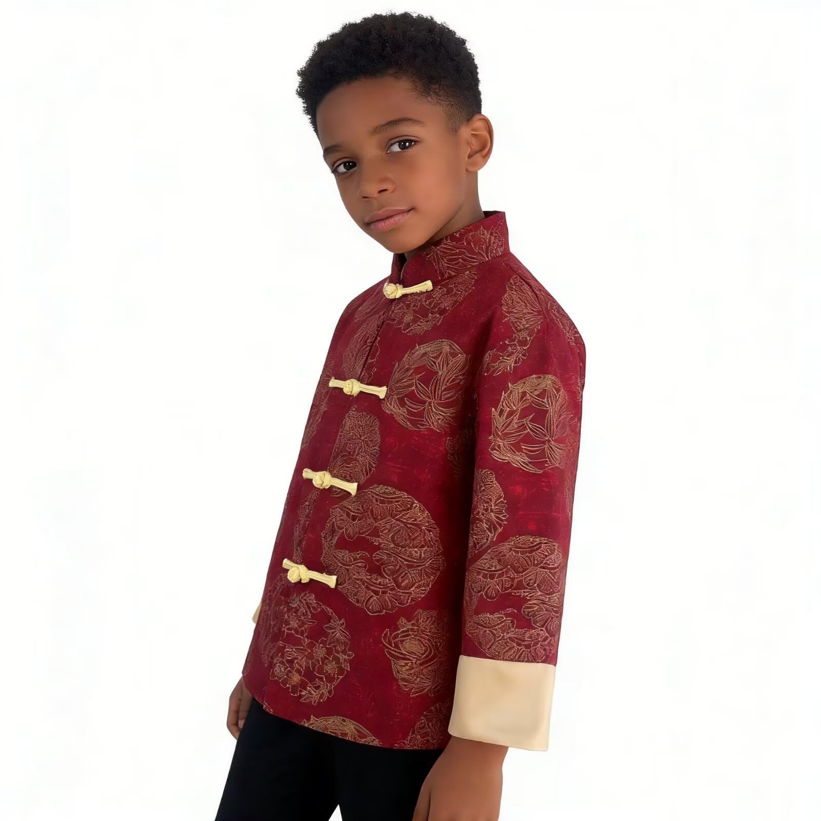 SZCQ boys tang-style coat with stand-up collar for a refined kid look.