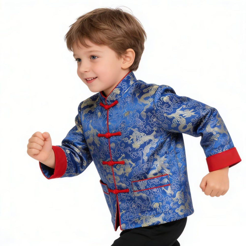 SZCQ dragon tang coat blue back view with balanced silhouette