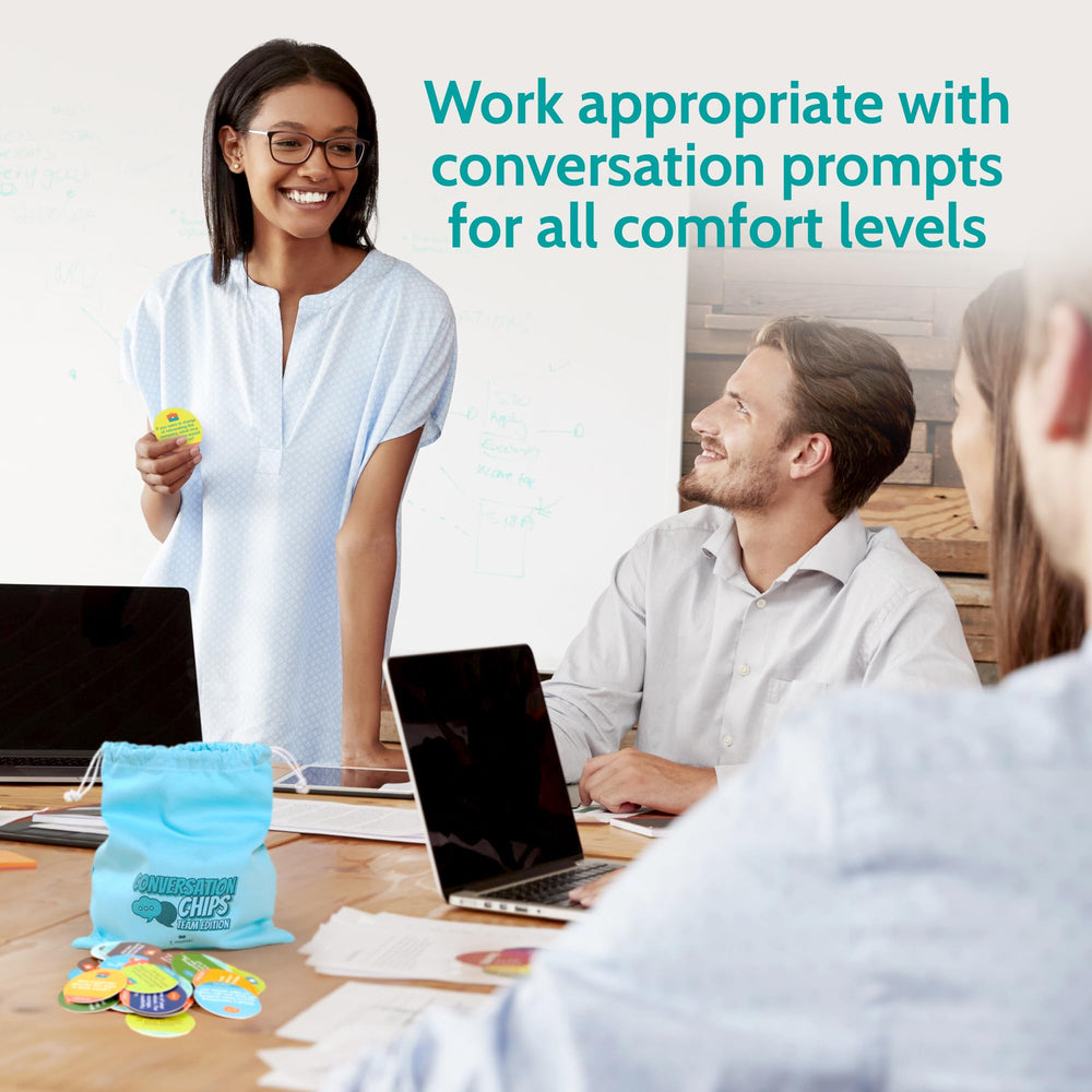 T MARIE Conversation Chips drawstring bag makes transport easy for offsite meetings.