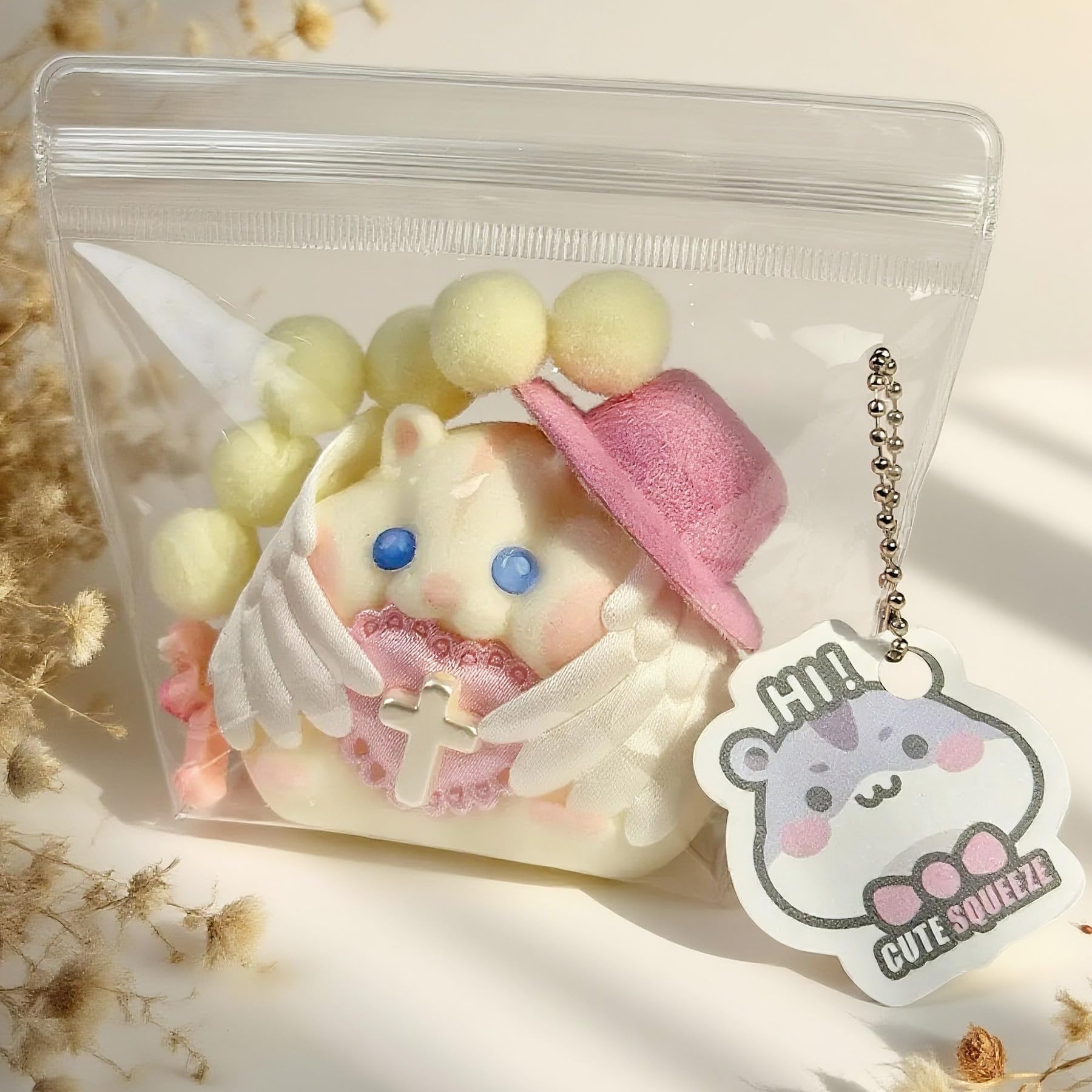 Taba Squishy Hamster Toy white angel edition elevates gift-ready presentation.