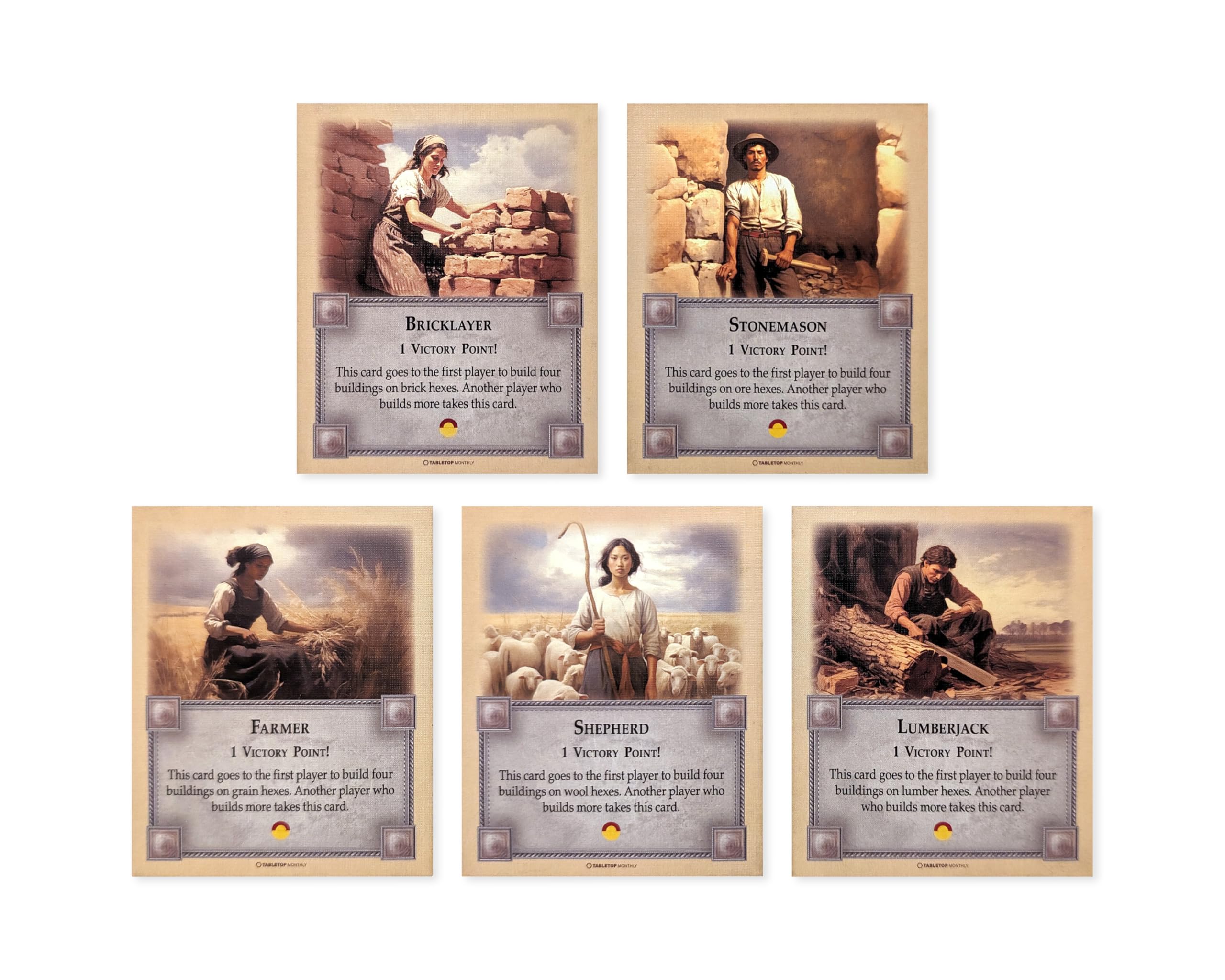 Tabletop Monthly farmer card highlights resource-friendly choices for settlements.