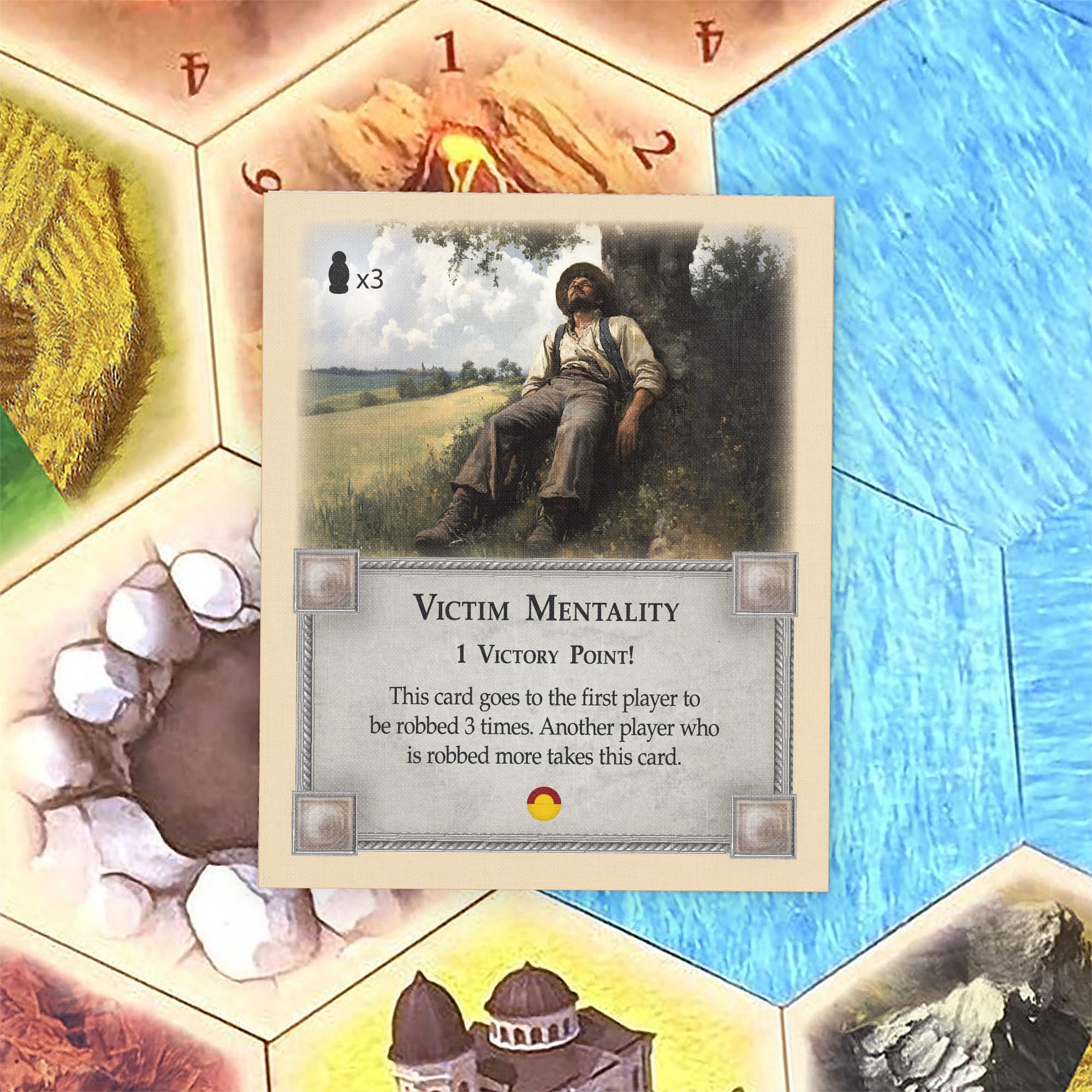 Tabletop Monthly Victim Mentality Card in-use, easy integration with Catan components.