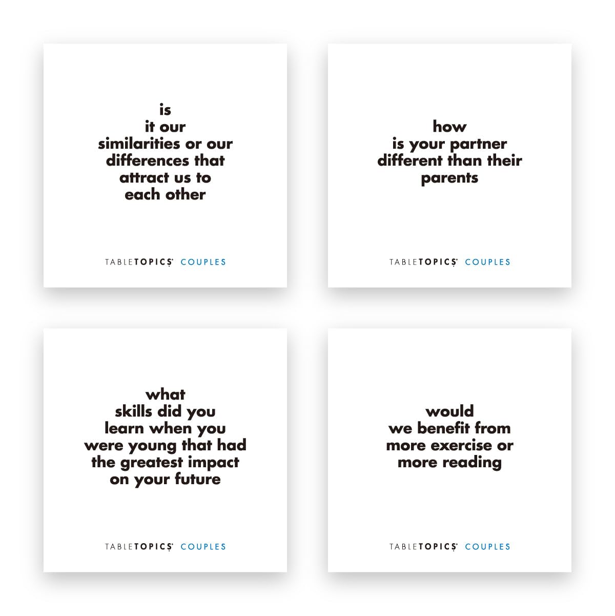 Close-up of TableTopics 135-question card design for conversations