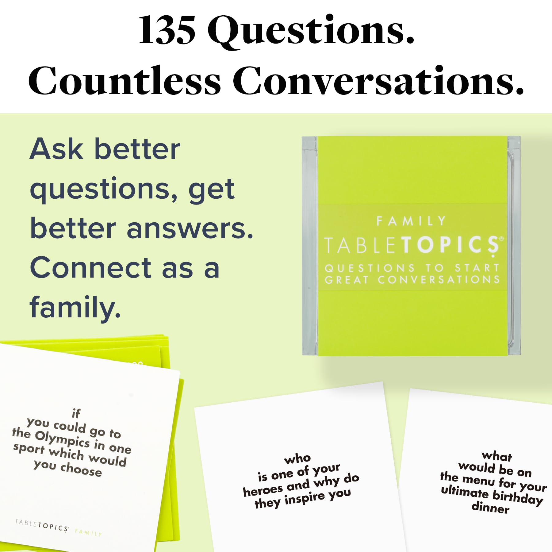 TableTopics 135-question card set displayed for kids and parents to spark curiosity.