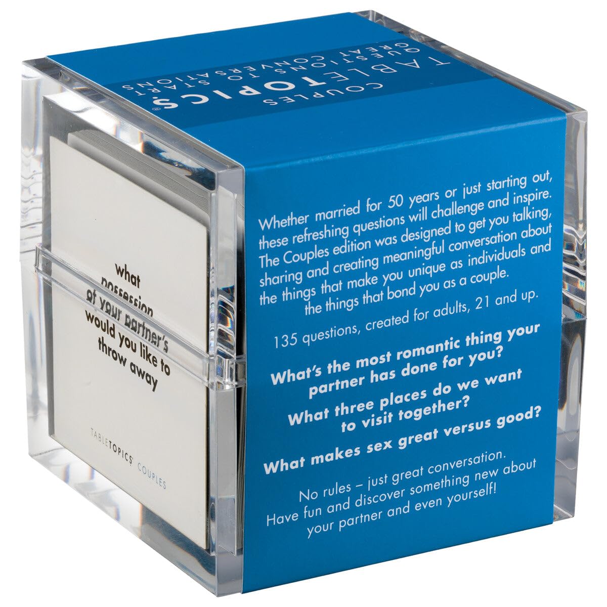Clear cube packaging showcasing the 135-question set for evening rituals
