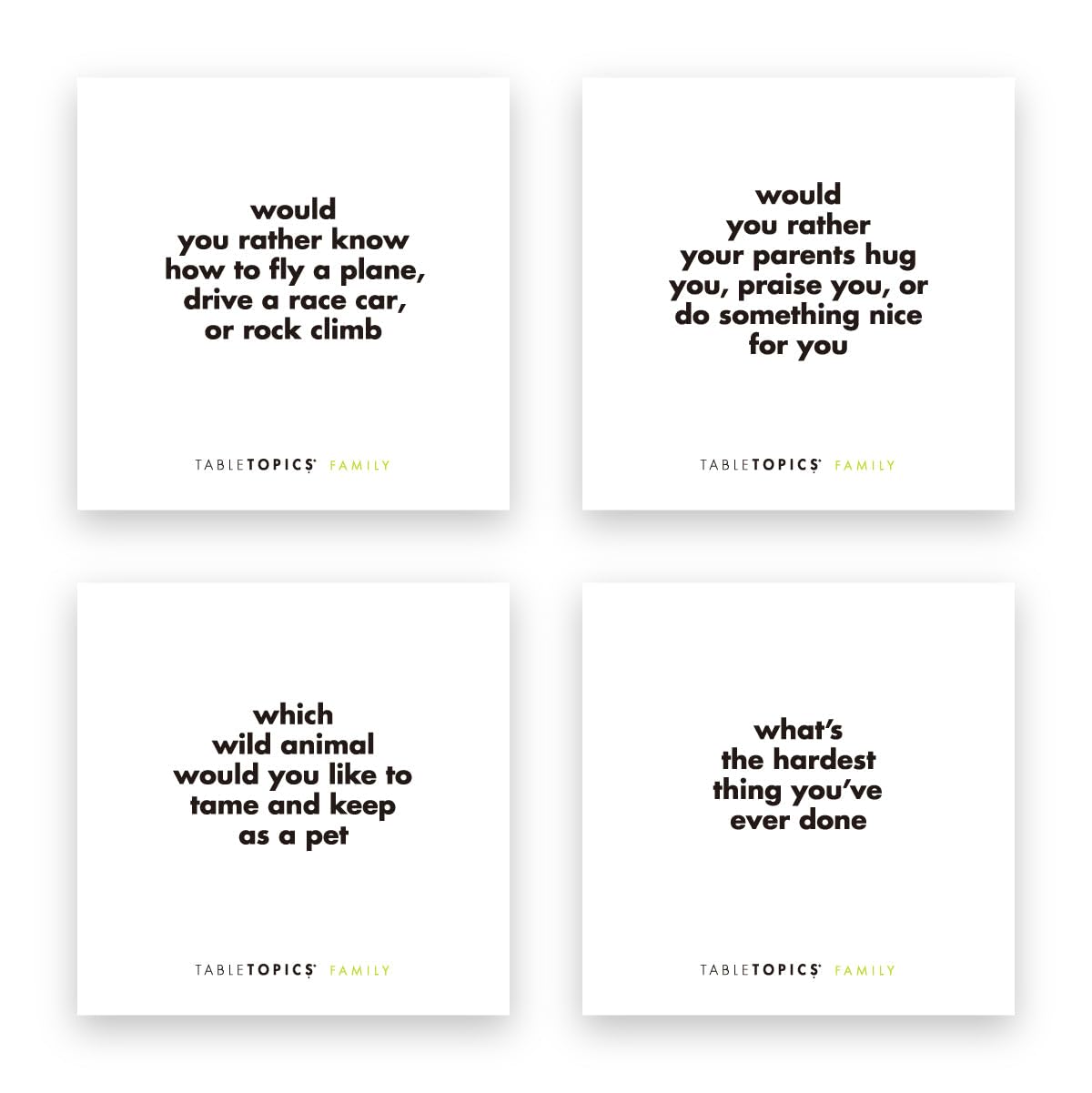 Dinnertime prompts from TableTopics promote attentive listening and connection.