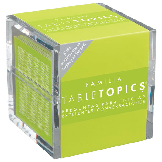 TableTopics Familia edition cards laid out for bilingual language learning at dinner.