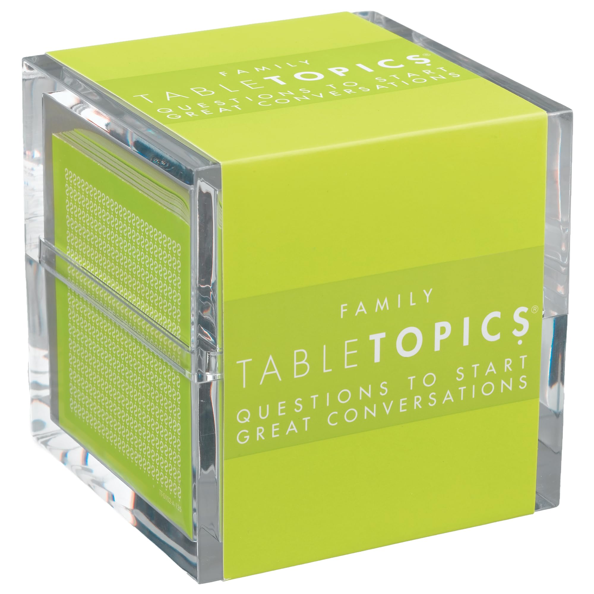 TableTopics family conversation cards in a cube container enable engaging dinnertime dialogue and family bonding.