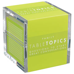 TableTopics family conversation cards in a cube container enable engaging dinnertime dialogue and family bonding.