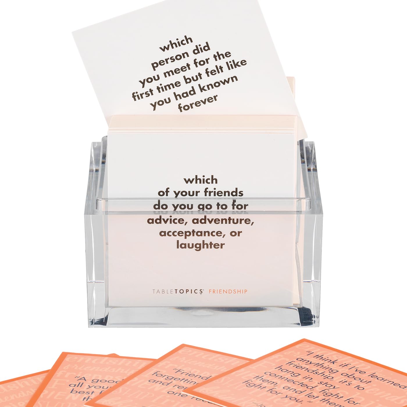 TableTopics girls night setup with colorful cards for fun, inclusive discussions.