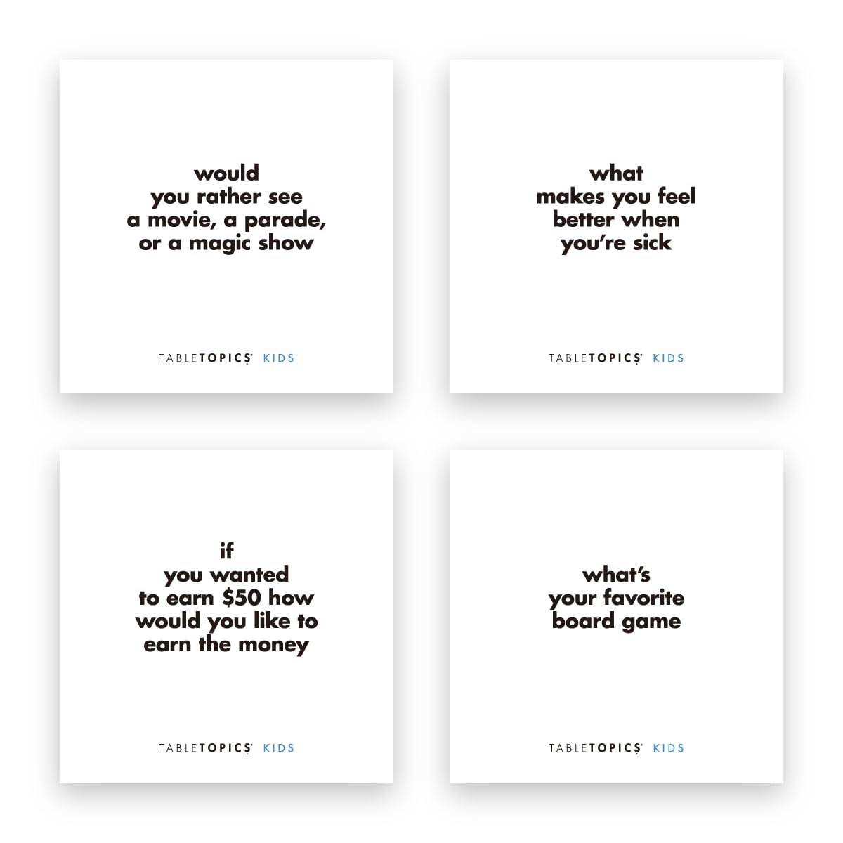 TableTopics Kids to Go slipcase with 40 questions keeps play organized.