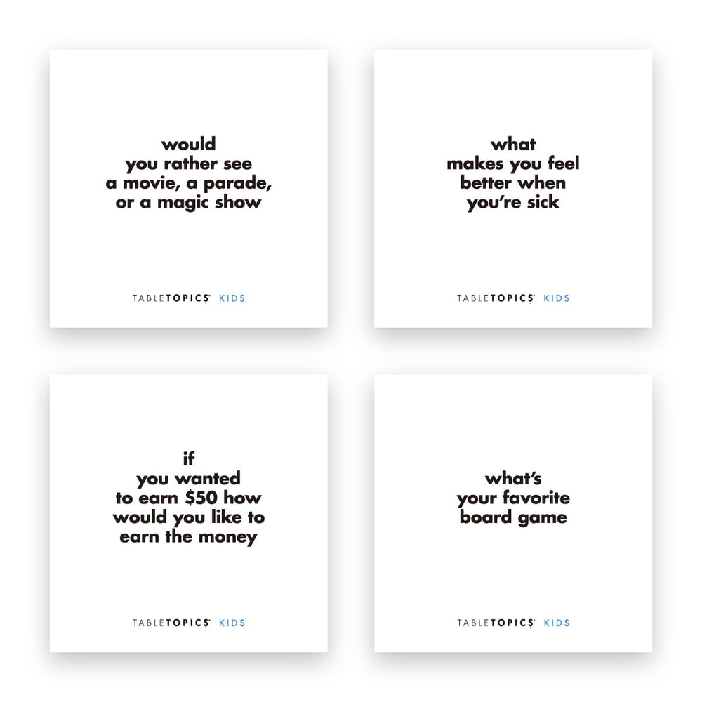 TableTopics Kids to Go slipcase with 40 questions keeps play organized.