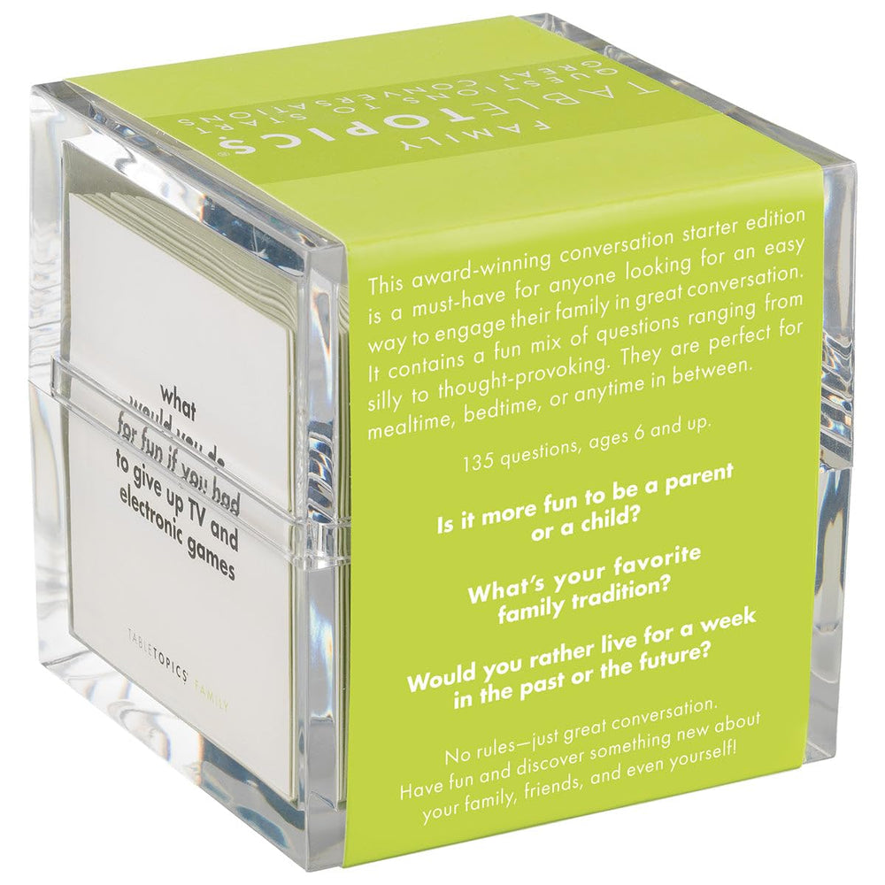 Durable TableTopics cards and sturdy packaging withstand daily family use.