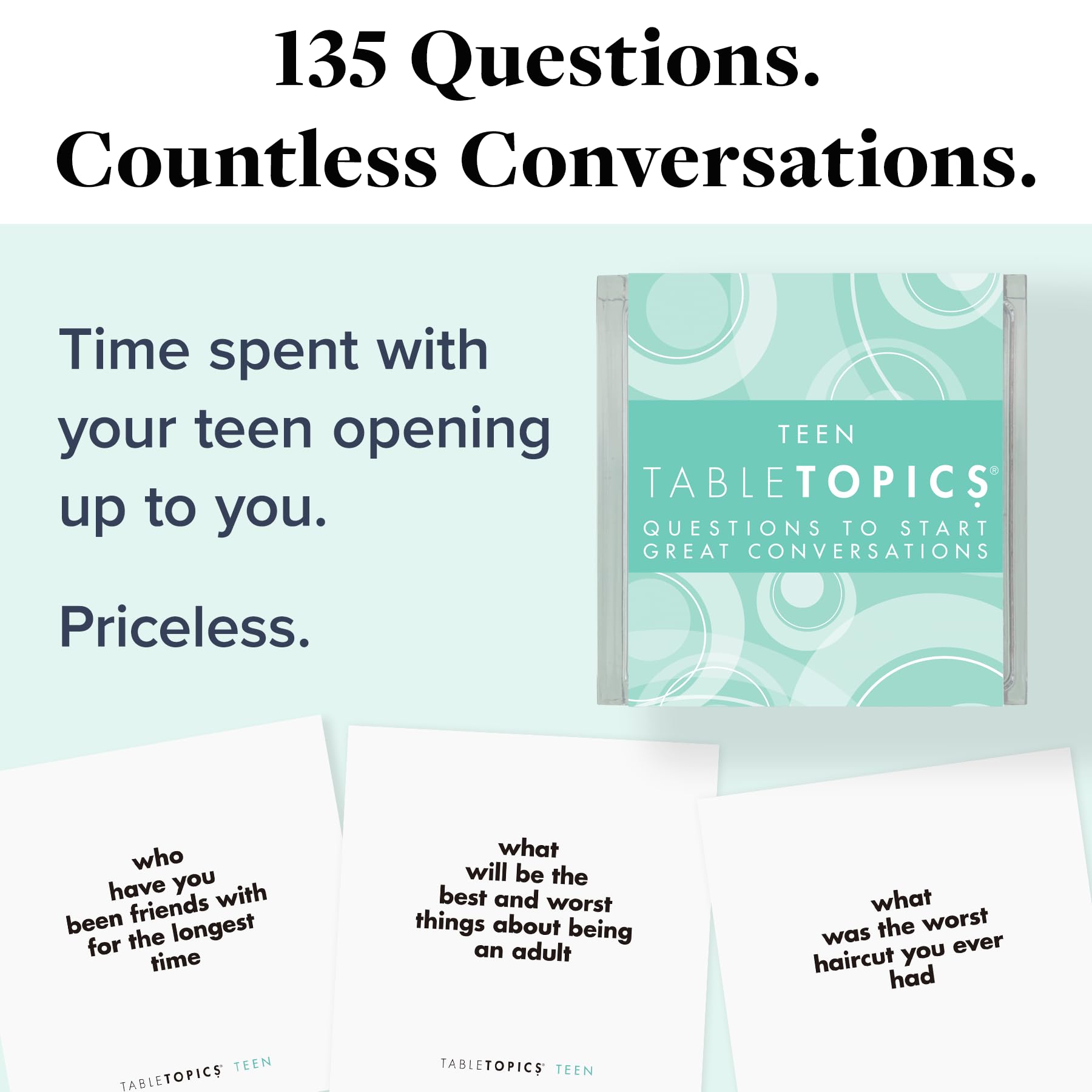 TableTopics teen prompts spread across a dining table for family talks