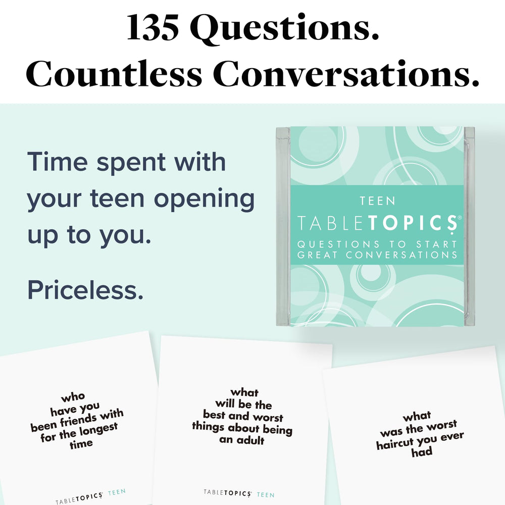 TableTopics teen prompts spread across a dining table for family talks