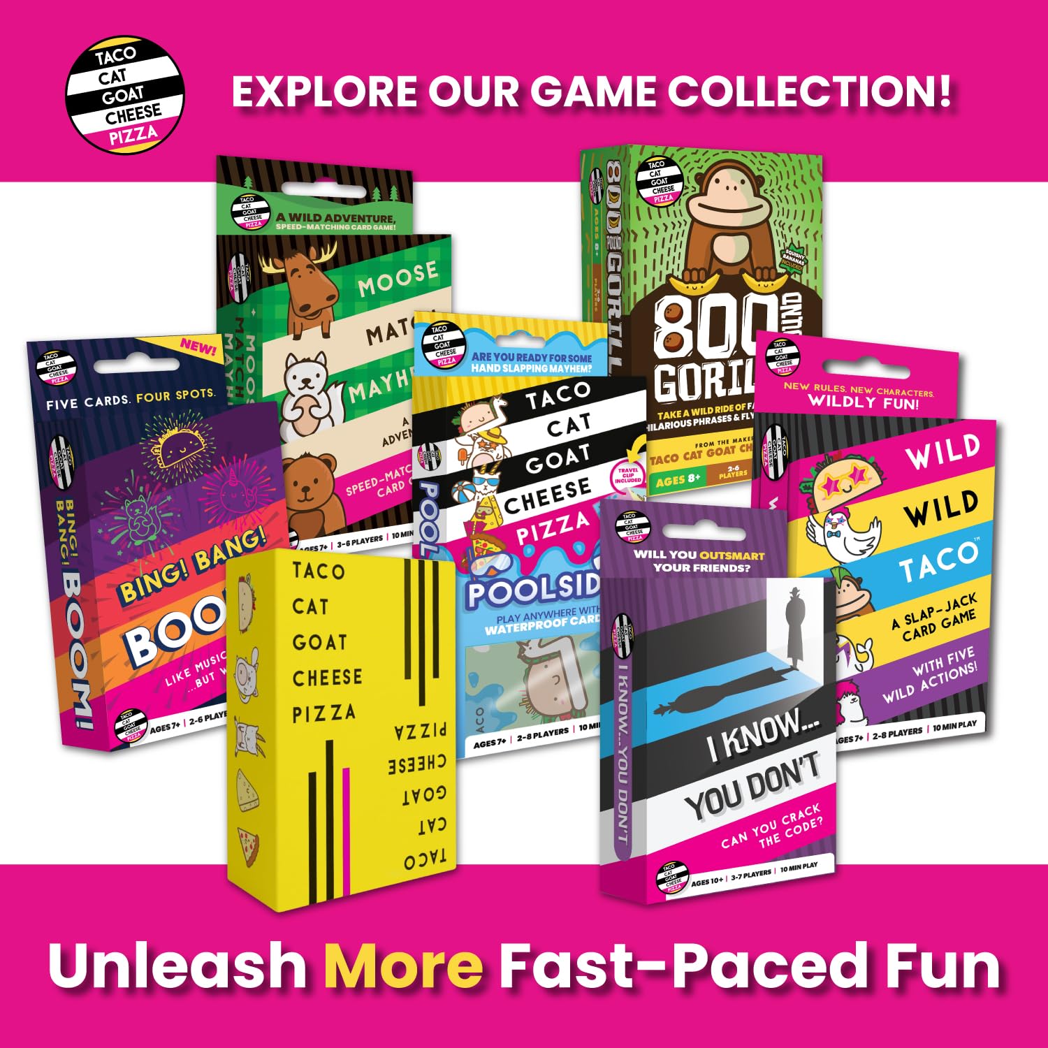 Taco Cat Goat Cheese Pizza ready-to-play format for 2-8 players.