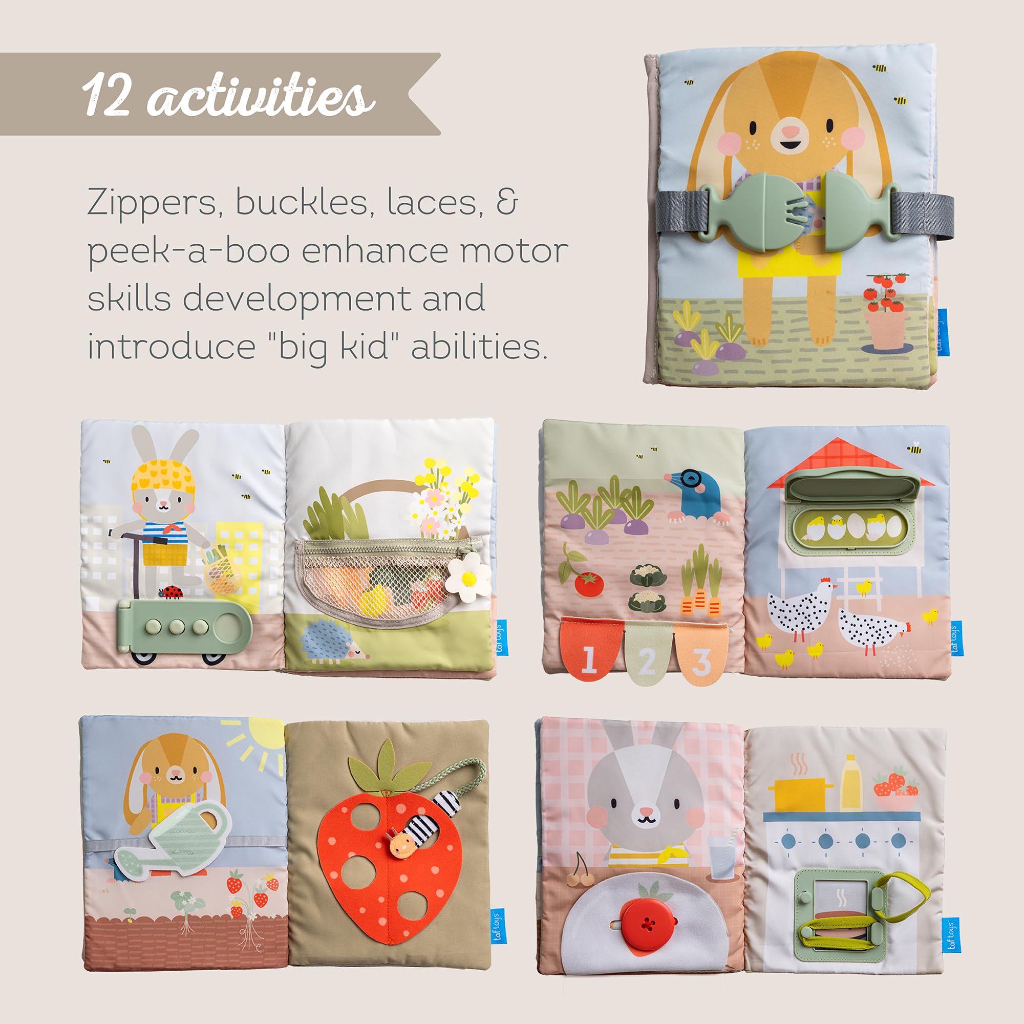 Taf Toys Busy Book lace-tying page promotes practical dressing skills on the go.