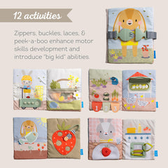 Taf Toys Busy Book lace-tying page promotes practical dressing skills on the go.