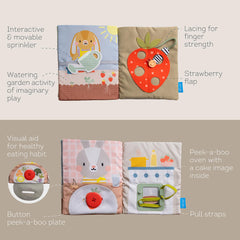 Taf Toys Busy Book in a diaper bag stays portable for car trips.