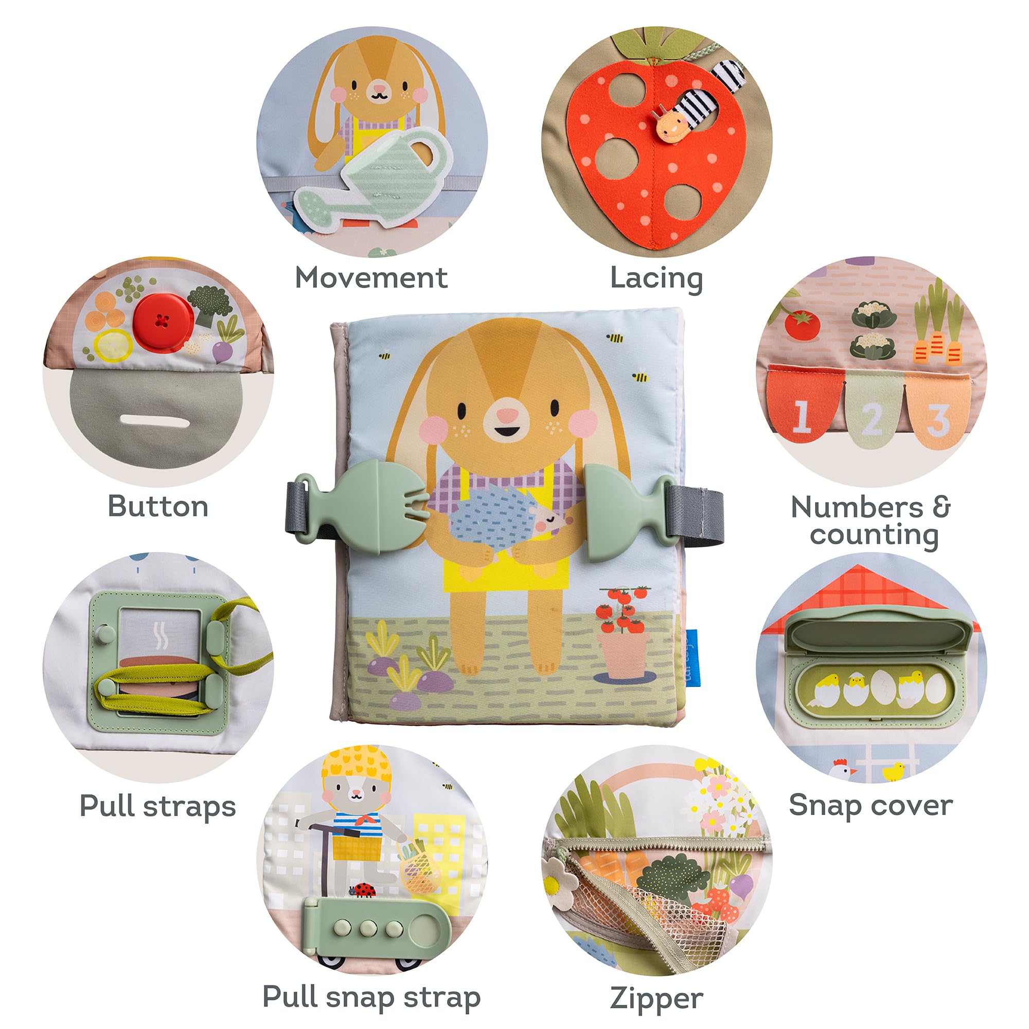 Taf Toys Busy Book zippered activity engages fine motor skills during travel.