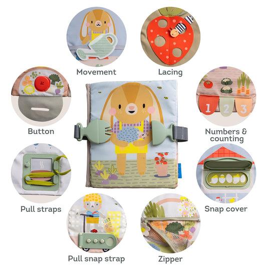 Taf Toys Busy Book zippered activity engages fine motor skills during travel.