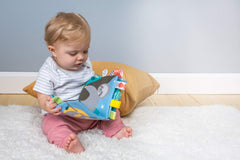 Taggies book with attached tags supports exploration and soothing tactile moments.