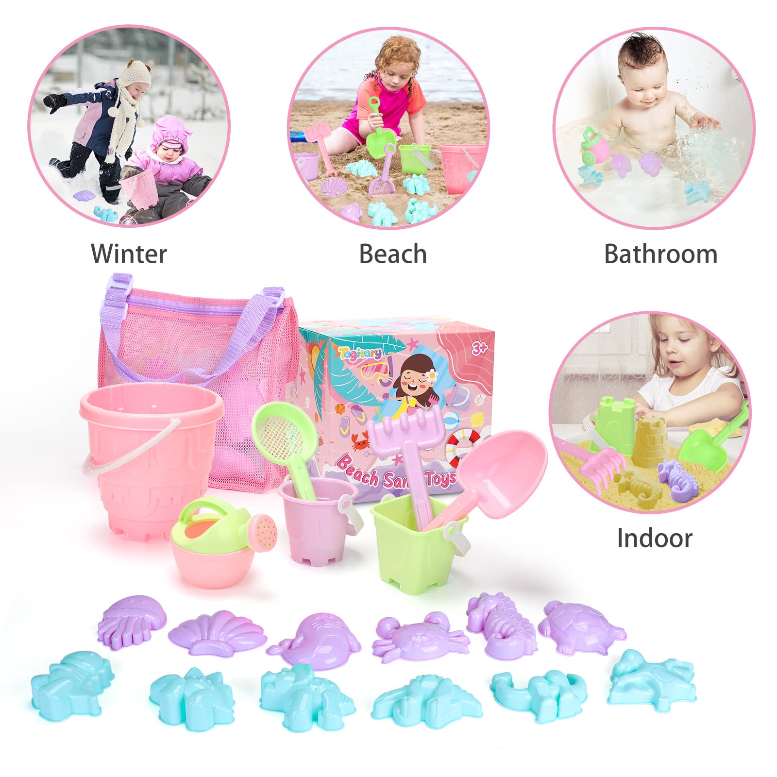 Tagitary animal sand molds set with crab, turtle, seahorse and more characters.