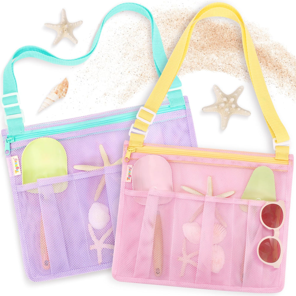 Tagitary mesh beach bag with zipper keeps toys organized at the shore.
