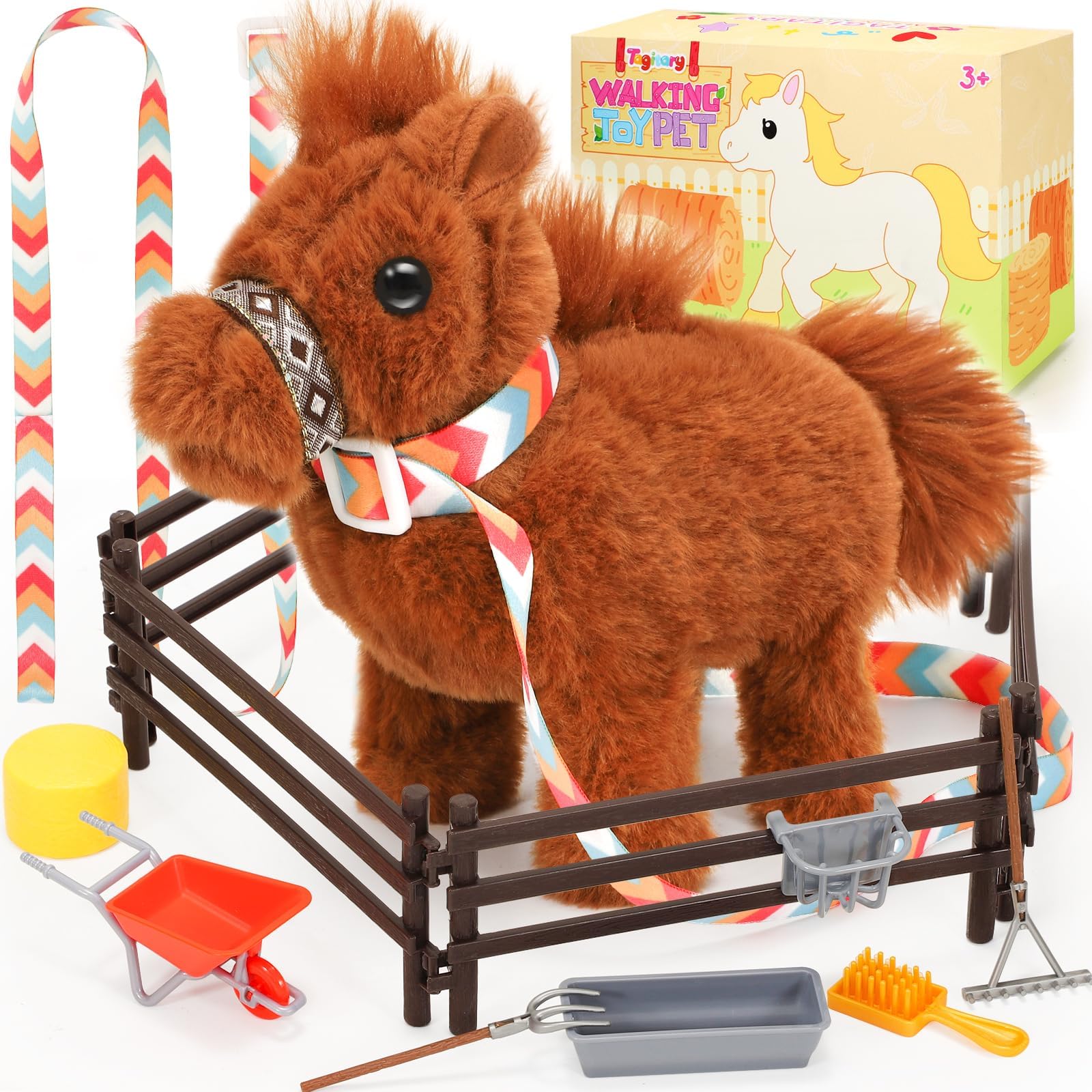 Tagitary plush horse toy with leash enables walking and interactive play.