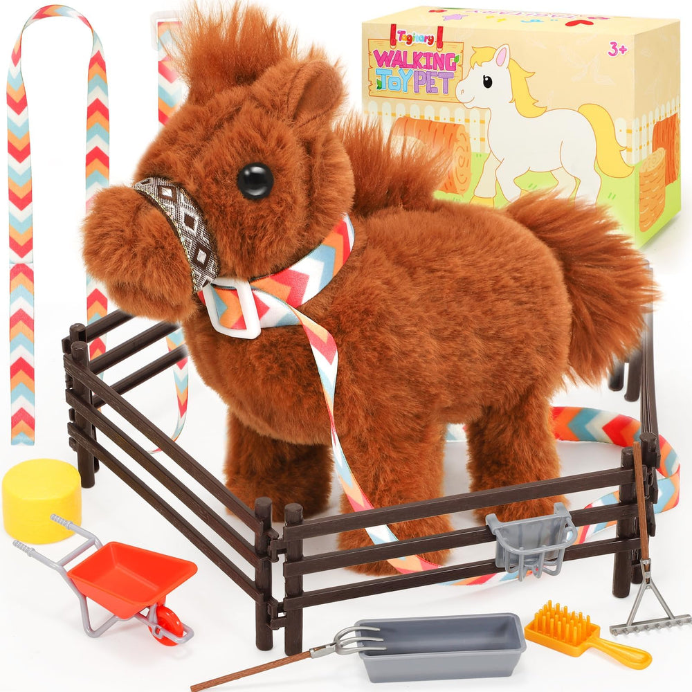 Tagitary plush horse toy with leash enables walking and interactive play.
