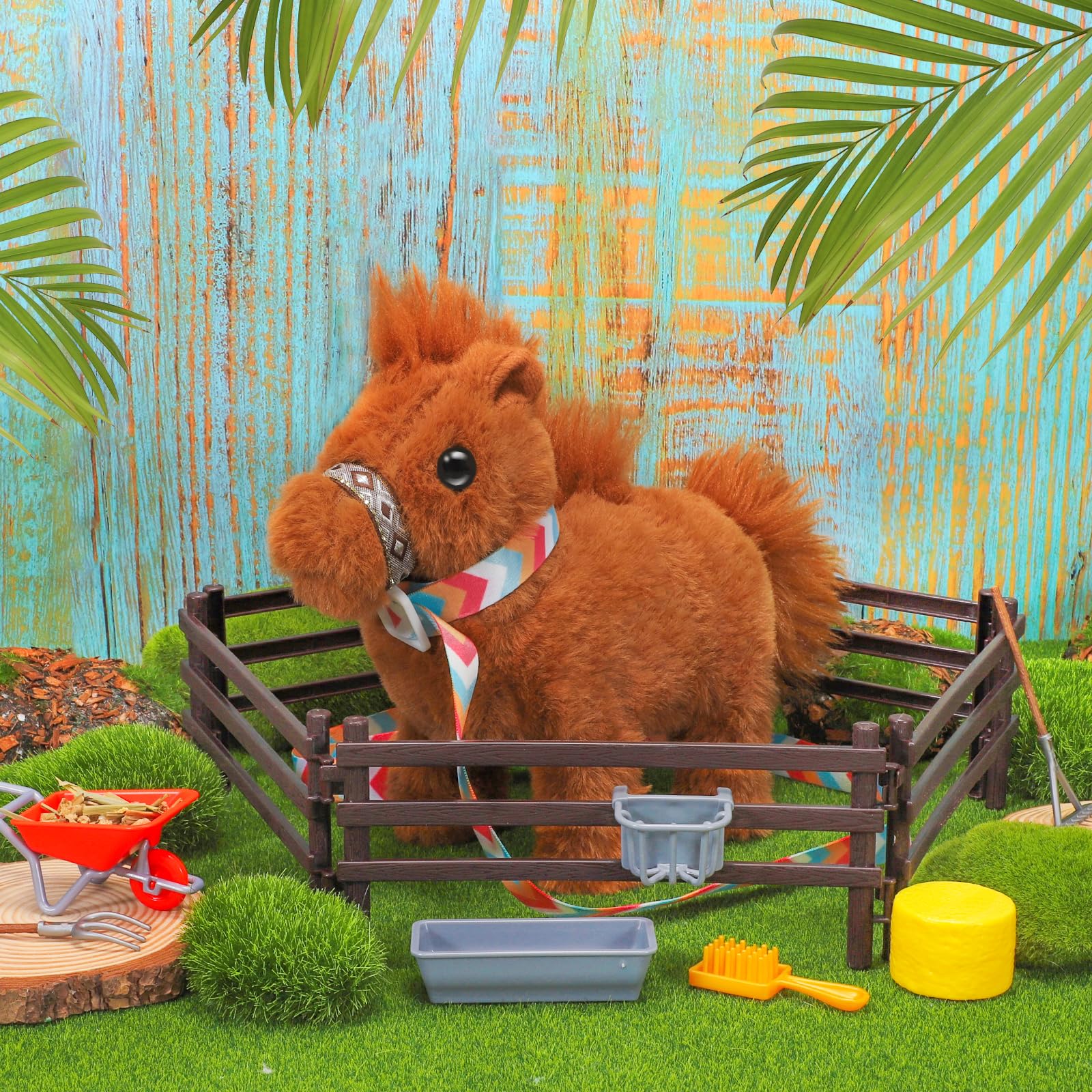 Realistic tail wag and hoof sounds spark imaginative pretend riding.