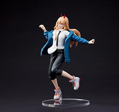 Taito Chainsaw Man Figure base stand included for secure shelf display.