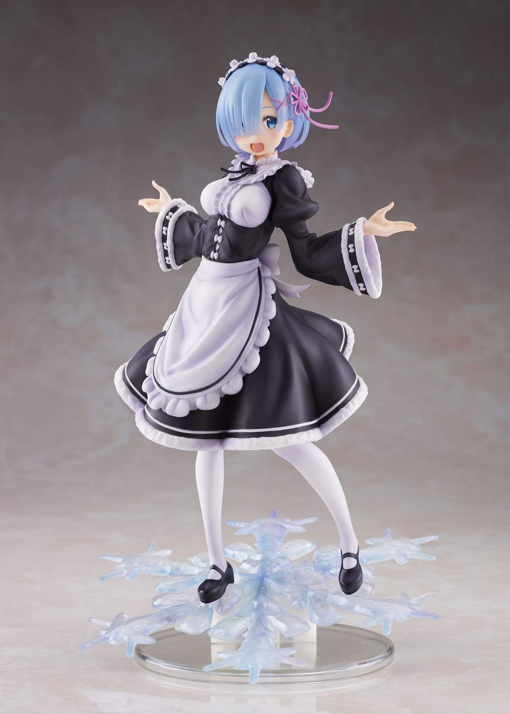 Taito Re:Zero Winter Maid Rem figure on display with vibrant colors for shelf appeal