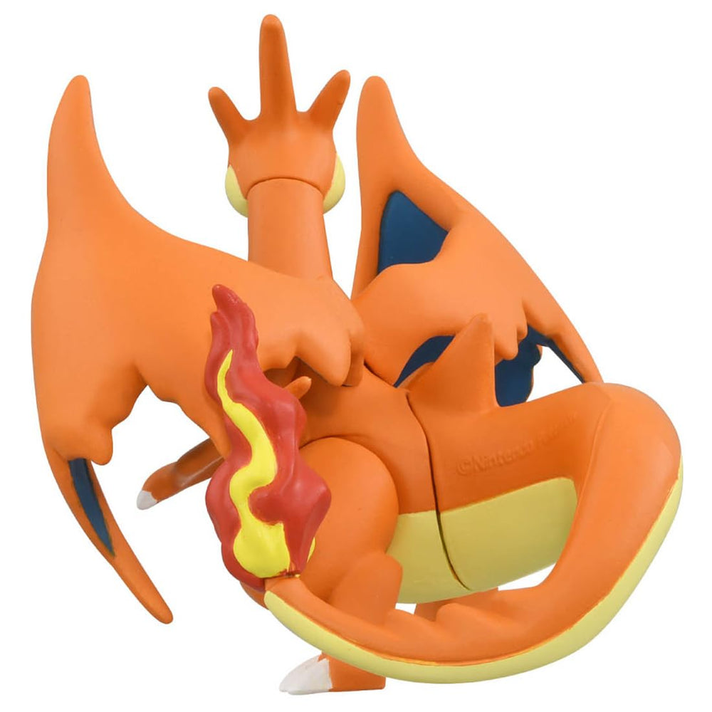 Takara Tomy Moncolle Mega Charizard Y figure, wings and flame, enhances dramatic display