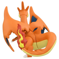 Takara Tomy Moncolle Mega Charizard Y figure, wings and flame, enhances dramatic display