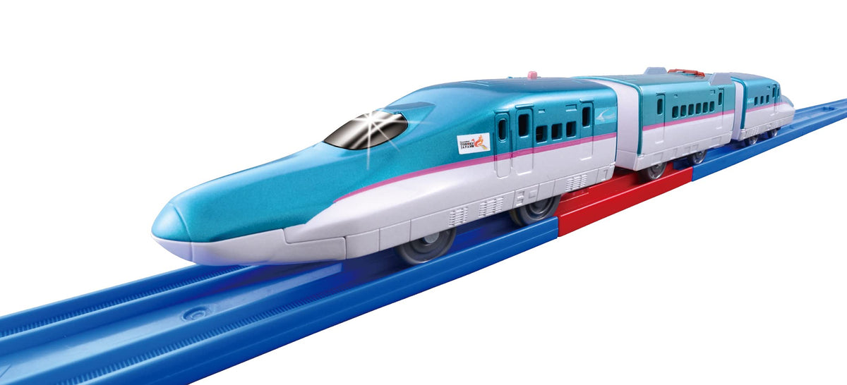 Takara Tomy Plarail S-16 E5 Hayabusa front view shows speed-change feature for authentic layouts.
