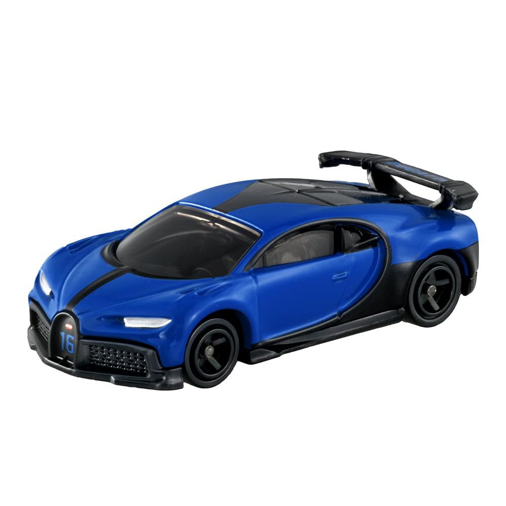Takara Tomy Tomica 37 Bugatti Chiron Pure Sport front view highlights detailed metal construction for display.