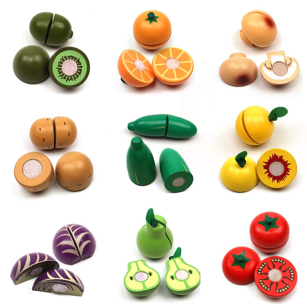 Take Me Away colorful wooden fruit pieces help kids recognize produce during play.