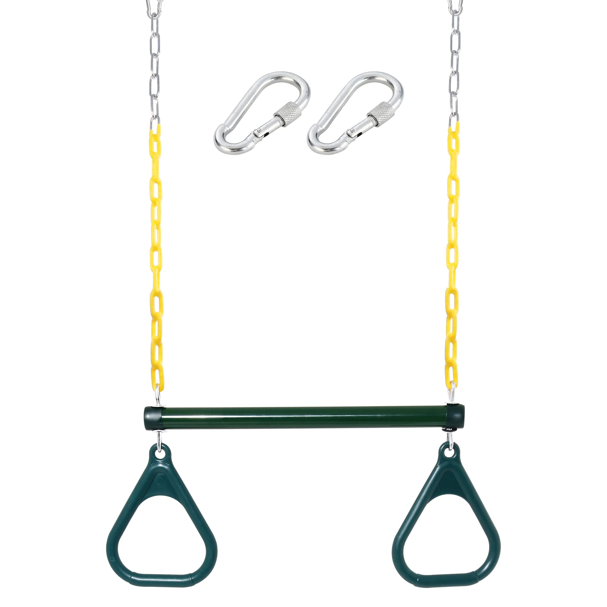 Take Me Away trapeze bar with rings for backyard play and sturdy grip.